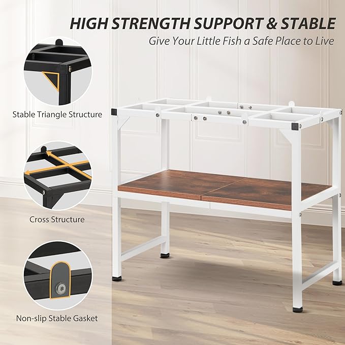 10-20 Gallon Fish Tank Stand, Metal Aquarium Stand with Adjustable Non-Slip Foot and Wooden Shelf, Reptile Tank Stand Easy to Assemble for Home Office, Firm and Steady(Tank not Included)