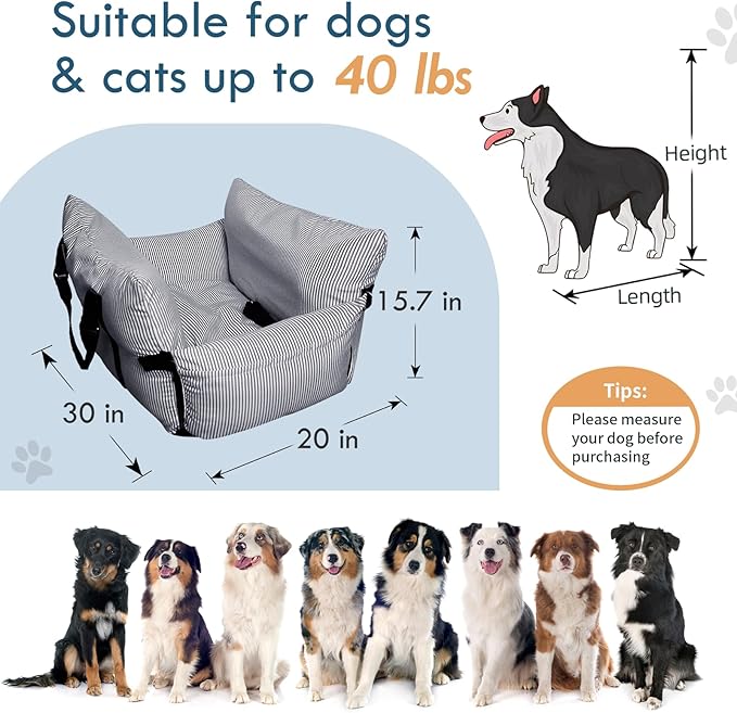 Dog Car Seat for Small/Medium Dogs Under 40 lbs - Elevated Pet Seat with Safety Belt, Non-Slip Base, and Storage Pockets for Car Travel (Navy, 30 x 20.5 inch)
