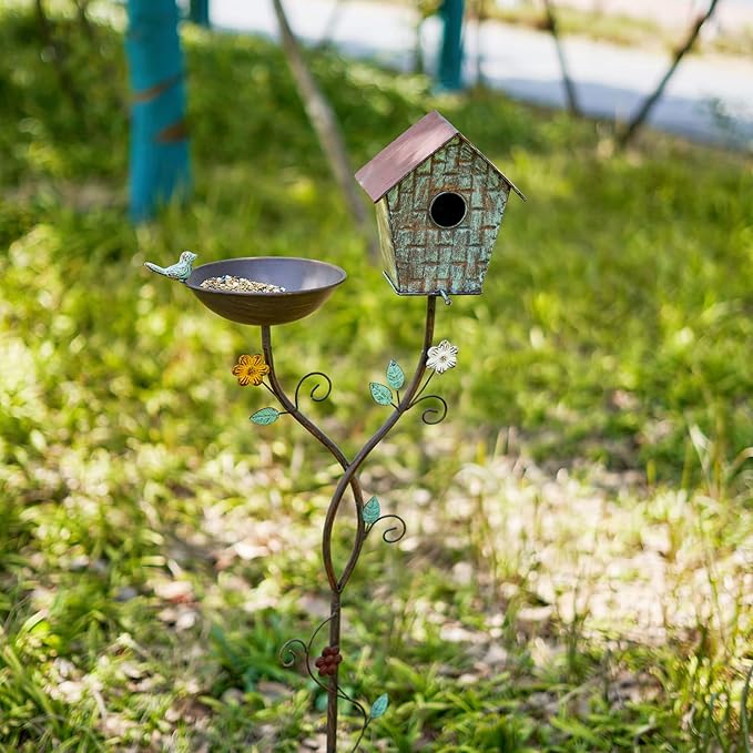Bird Baths and BirdHouses with Pole, Distressed Metal Bird Bath Bowl and Birdhouse Stake for Outdoor Garden Yard Decoration (Bird Baths/BirdHouses-B)