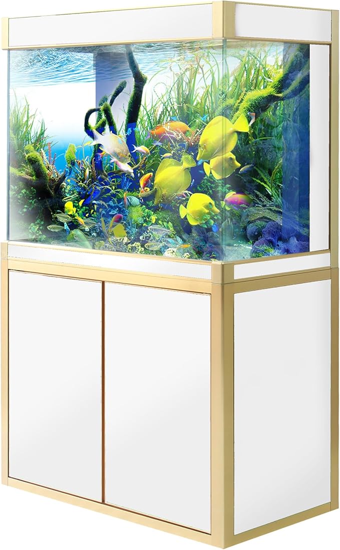 100 Gallon Glass Aquarium with Aluminum Cabinet - Including Sump for Filtration and Circulation, Plumbing, LED, White with Gold Trim