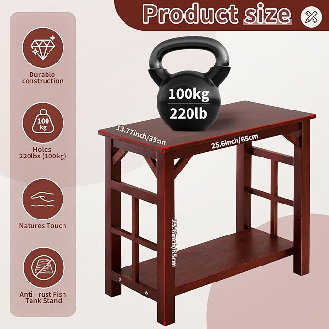10-20 Gallon Solid Cherry Wood Fish Tank Aquarium Stand, Heavy Duty 220lb Load Capacity, Compact Accessories Storage Shelf, Brown Wood Tank Table, 25.5 x 13.7 x 25.5 in