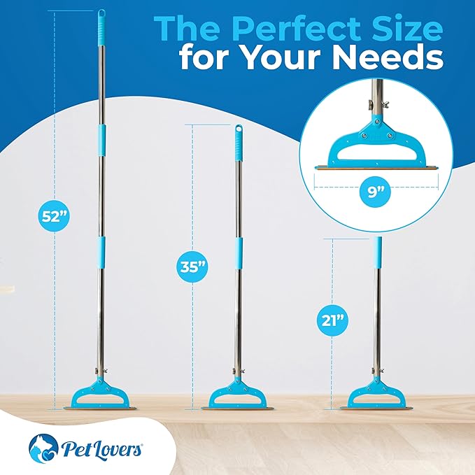 PetLovers EzLint Mega 52" Carpet Rake & Pet Hair Removal Tool – Dog & Cat Hair Remover Broom with Adjustable Handle & Extra Wide Head for Carpets, Rugs & Stairs Ocean Blue