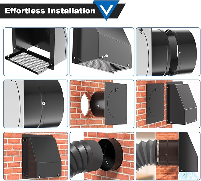 10 Inch Wall Vent with Screen and Damper, Galvanized Steel Hooded Wall Vent Cover Black Metal Exhaust Duct Cap Kit with Hose Clamp Aluminum Foil Tape for Outdoor Laundry Room Kitchen Range Hood