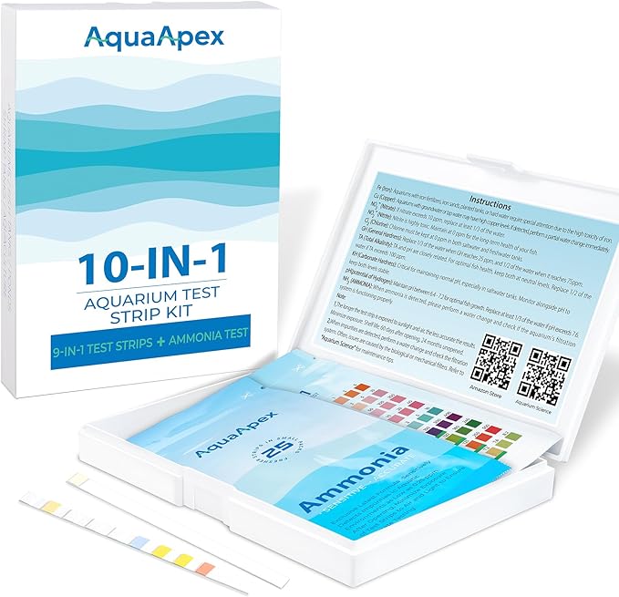 10-in-1 Aquarium Test Kit (50 Strips) 25 Multi-Test + 25 Ammonia | Ammonia Test kit Aquarium for Freshwater & Saltwater | Saltwater Test Strips for Fish Tanks, Ponds | Test Nitrate, pH & More.