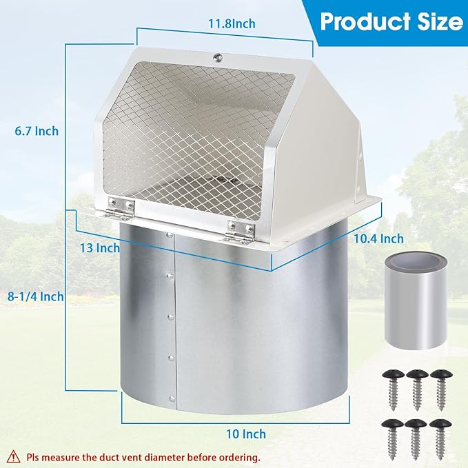 10" Hooded Wall Vent with Screen and Damper,Outdoor Wall Mount Exhaust Vent Cover Cap Dry Vent Hood Air Ventilation for Kitchen Range Hood HVAC Duct House and Industrial Facilities, White