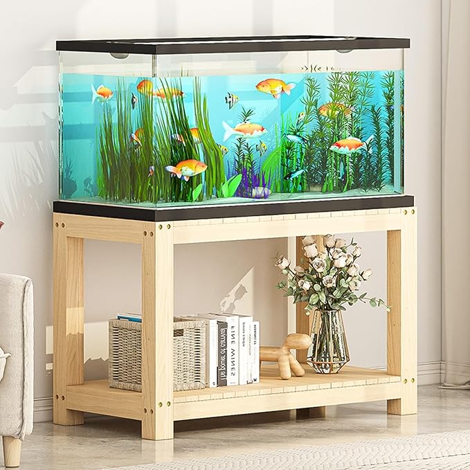 FORRTY Solid Wood Aquarium Stand – Heavy Duty Wooden Fish Tank Stand With 2-Tier Storage | Natural Pine Reptile Tank Table | Indoor Plant Rack | Printer Table | Multi-Purpose Shelf | 30–150cm Width(Wo