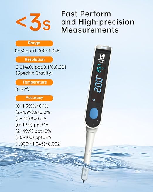 Digital Salinity Meter, Platinum Electrode & Concave Surface for Lab-Grade Accuracy, Auto-Measured Salt Content Tester, Rapid Test for Aquarium/Saltwater/Salty Food, Range: 50ppt/1.000〜1.045