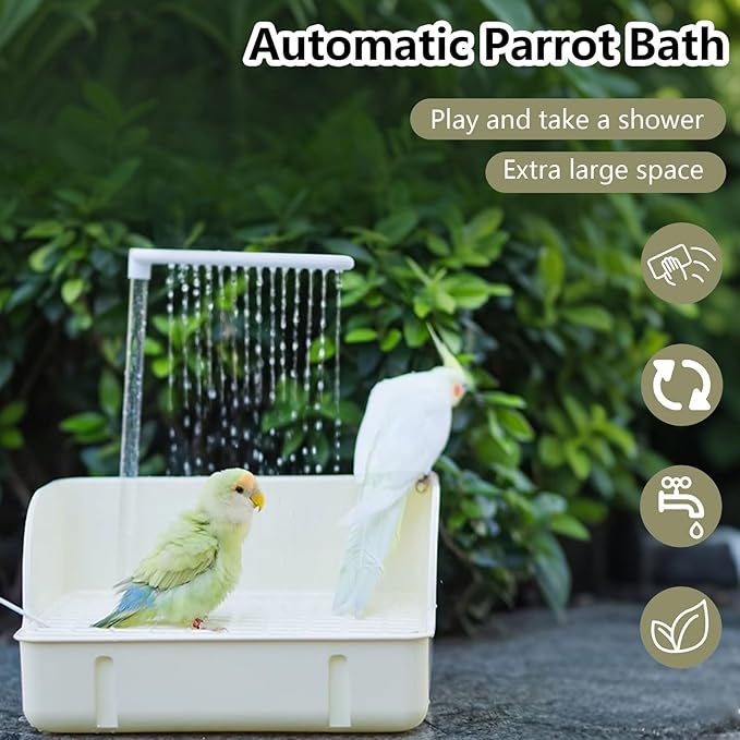 kathson Parrot Bathtub, Automatic Bird Bath Indoor,Parakeet Shower Fountain,Parrot Bath Tub for Pet Birds, Cockatiel, Conure, Budgie, Lovebird, African Grey, Finches,Beige