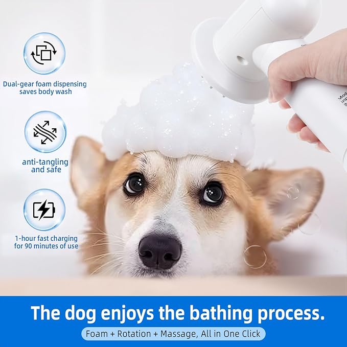 Electric Rotating Massage Dog Shampoo Spray Dispenser with Foam Brush [2025 Upgraded Version] Dual-core Electric pet Bath Brush | 2-Speed Variable Frequency SPA × Double Bubbles