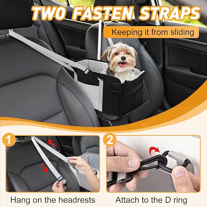 Portable Dog Car Seat for Small Dogs - Adjustable Safety Leash, Washable Cushion & Storage Pocket - Pet Booster Seat for Car Travel- Carbon Black