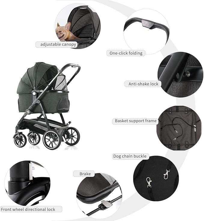 Kenyone Pet Stroller 3 in 1 Dog Cart for Medium Small Size Dogs, Large Cat Stroller with Detachable Carrier for Puppies, Doggies, Kitties, Bunnies (Olive)
