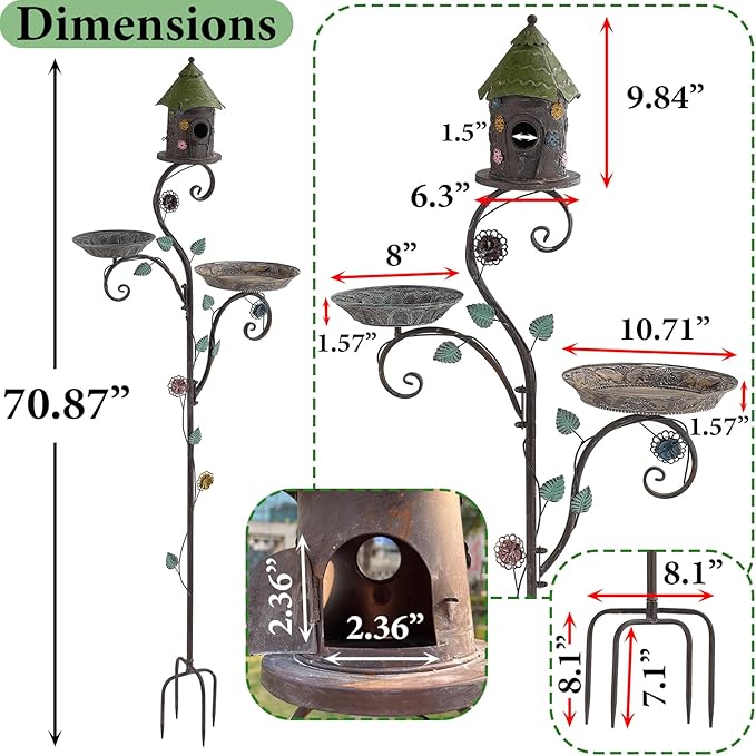 71" H Bird Baths for Outdoors, Bird Baths and Bird Houses with Pole, Metal Bird House Stake, Standing Bird Feeder and Bath Combo, Tall Birdbath with 4-Prong Stake for Outside Garden Decor