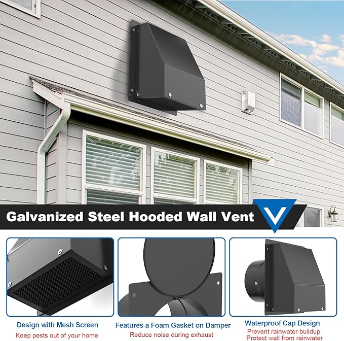 10 Inch Wall Vent with Screen and Damper, Galvanized Steel Hooded Wall Vent Cover Black Metal Exhaust Duct Cap Kit with Hose Clamp Aluminum Foil Tape for Outdoor Laundry Room Kitchen Range Hood
