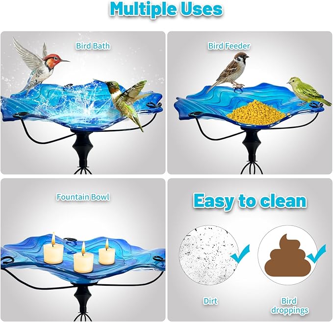 HONGLAND 32 Inch Height Bird Baths for Outdoors, Glass Birdbaths Outdoor Birdfeeder with Metal Stake Garden Yard (Blue)
