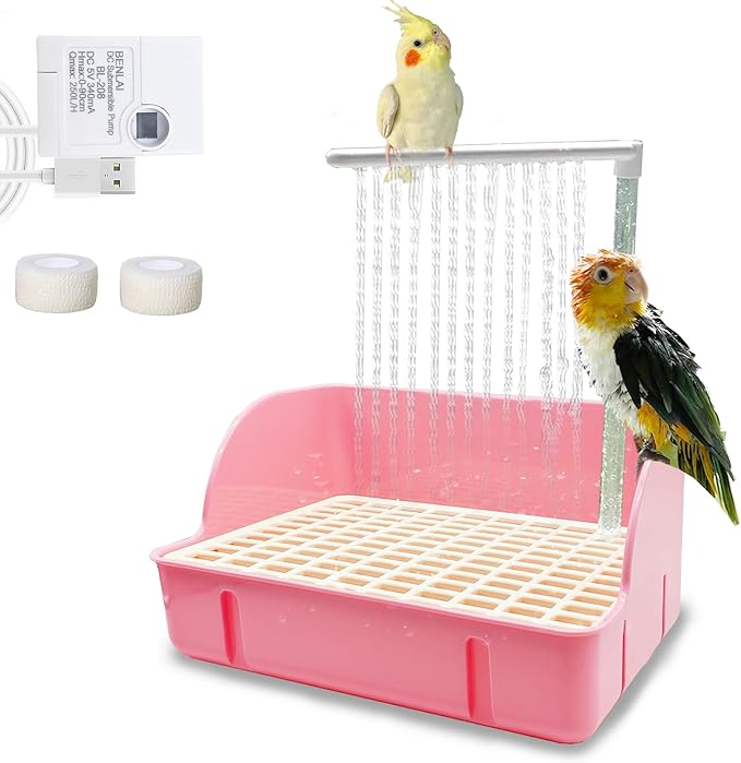 kathson Parrot Bathtub, Automatic Bird Bath Indoor,Parakeet Shower Fountain,Parrot Bath Tub for Pet Birds, Cockatiel, Conure, Budgie, Lovebird, African Grey, Finches (Pink)