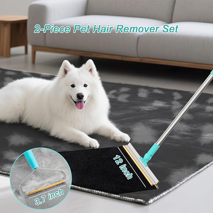 Carpet Rake for Pet Hair Removal - Reusable with Adjustable Long Handle, Dog & Cat Fur Brush & Scraper for Rugs, Floor Mats, Couches, Furniture and Car Interiors