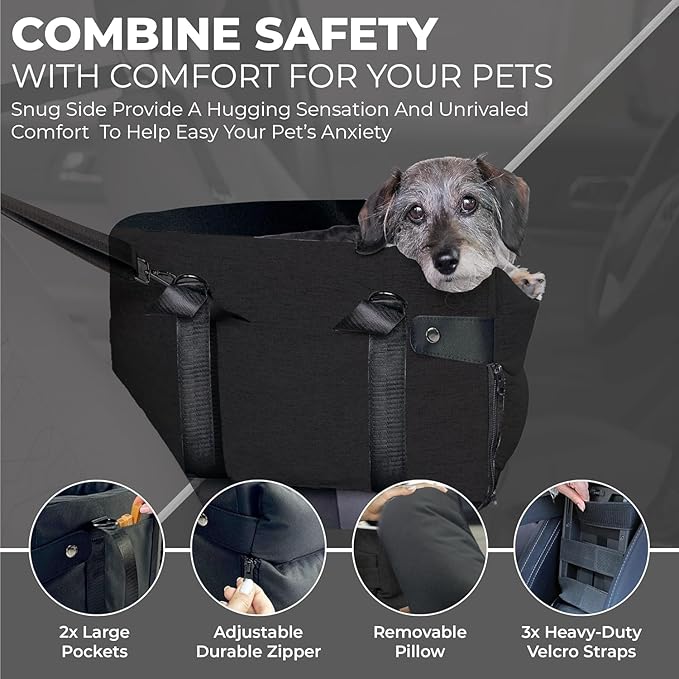 Center Console Dog Car Seat for Small Dogs and Puppies 5-13Lbs, Ideal Armrest Booster Car Travel Seat with Safety Protection Seat Belts, Storage Pockets - Reduces Anxiety (Black)