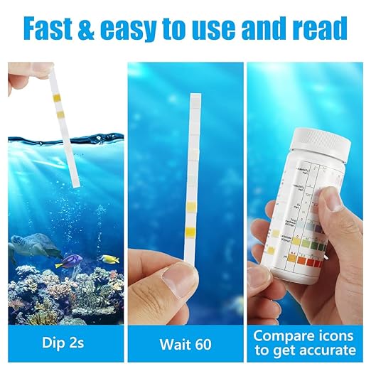 100Pcs Aquarium Test Strips 7 in 1 Fish Tank Test Kit Freshwater Saltwater Aquarium Water pH Test Strips Kit for Total Hardness Nitrate Nitrite Free Chlorine Carbonate pH Value Total Alkali