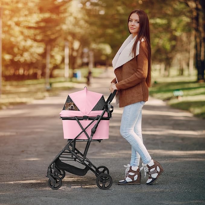 Pet Stroller for Small/Medium Dogs Cats Up to 33lbs, 3 in 1 Foldable Dog Stroller, Car Seat, Detachable Carrier with Anti-Scratch Mesh, Seat Belts, Comfort Cushions - Pink