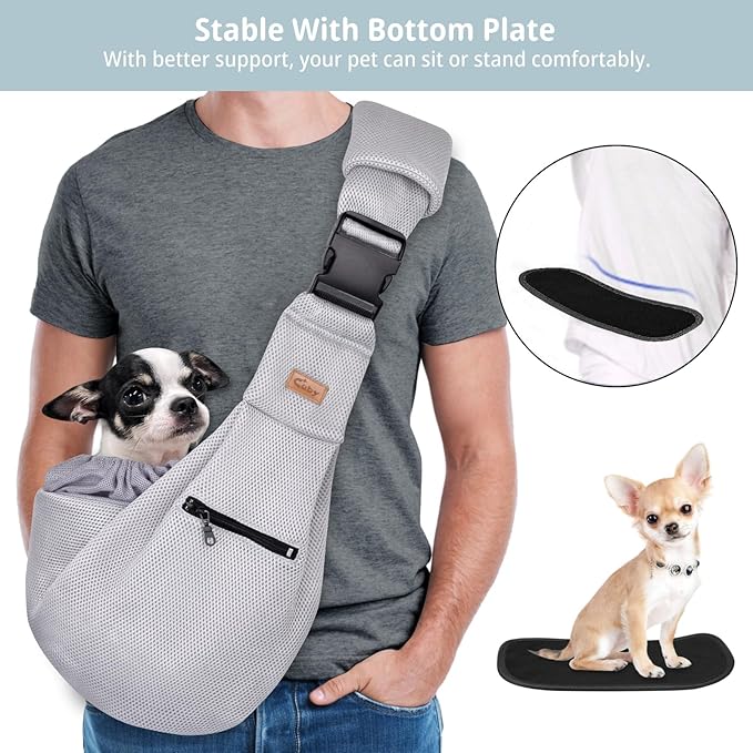 CUBY Dog and Cat Sling Carrier - Hands Free Breathable Mesh Small Dog Sling Carrier-Soft Pouch and Tote Design-Suitable for Puppy, Small Dog Cat Pets Carriers Sling Outdoor(Grey-Mesh,Adjust Strap 2.0)