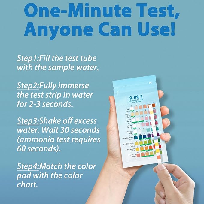 10-in-1 Aquarium Test Kit (50 Strips) 25 Multi-Test + 25 Ammonia | Ammonia Test kit Aquarium for Freshwater & Saltwater | Saltwater Test Strips for Fish Tanks, Ponds | Test Nitrate, pH & More.