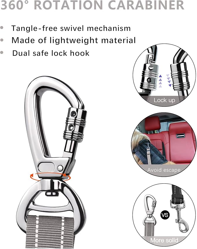 AUBELL Dog Seat Belt for Car,2 Pack Set 3-in-1 Adjustable Reflective Bungee Heavy Duty Dog Car Harness Tether with Clip Hook Latch & Buckle,Swivel Zinc Alloy Carabiner,Black+Grey