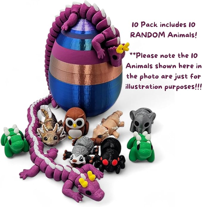 10 Pack Mystery Mini Animal Packs - 3D Printed Articulating Figurines - Unique and Fun Designs Includes Mystery Egg - Stress Relief (10 Pack)