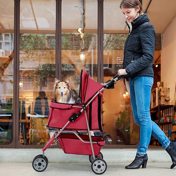 BestPet 3 Wheels Pet Dog Stroller Cat Cage for Medium Small Dogs Cats Travel Folding Carrier Waterproof Puppy Stroller with Cup Holder & Removable Liner,Red