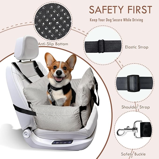 Dog Car Seat for Small/Medium Dogs Under 40 lbs - Elevated Pet Seat with Safety Belt, Non-Slip Base, and Storage Pockets for Car Travel (Brown, 30 x 20.5 inch)