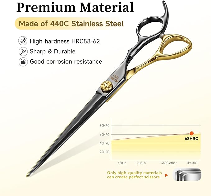 7'' Straight Dog Grooming Scissors CNC 440C Blades Sharp and Durable Dog Shears Black and Gold Pet Scissors Smooth Cutting Easy to Use for Professional Groomer