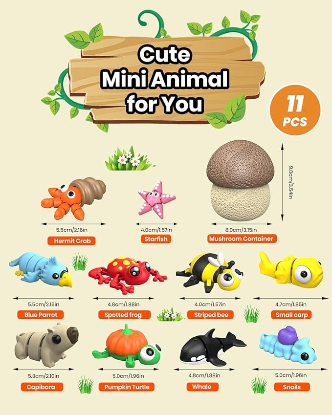 11PCS 1.6-2.6in 3D Printed Animal Figurines Set with Mushroom Container - 16 Unique Articulated Animals, Fidget Toys for Stress Relief, Party Favors, Desk Decor & Gifts for Kids & Adults (11PCS Brown)