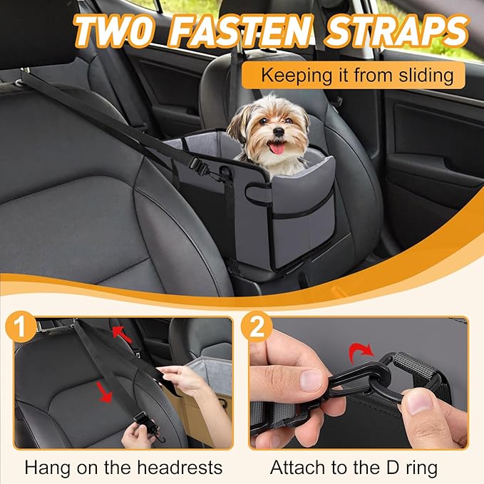 Portable Dog Car Seat for Small Dogs - Adjustable Safety Leash, Washable Cushion & Storage Pocket - Pet Booster Seat for Car Travel- Grey