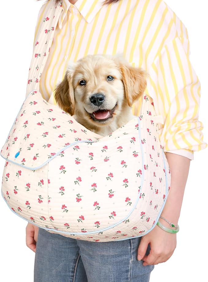 Flower Pet Sling Carrier for Small Dogs and Cats, Breathable Cotton Cats Carrier Purse，Floral Print Puppy Bag 3-10 Lbs, Hand Free Travel Chest Cat Sling, Gifts for Pet Mom Girls（White, Small