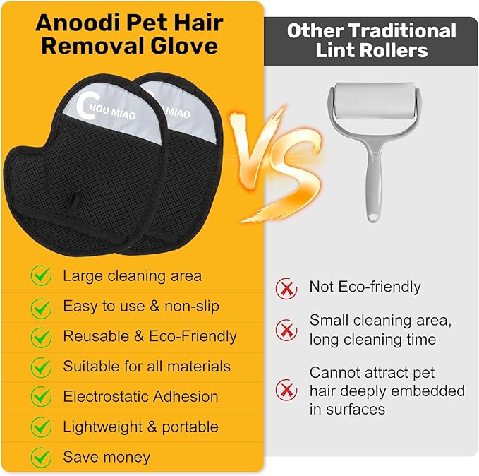 2 Pack Pet Hair Removal Gloves, Reusable Electrostatic Glove Pet Hair Removal Brush for Dogs Cats Grooming, Pet Hair Remover Tool for Furniture, Clothing, Couch, Carpet, Car Seats