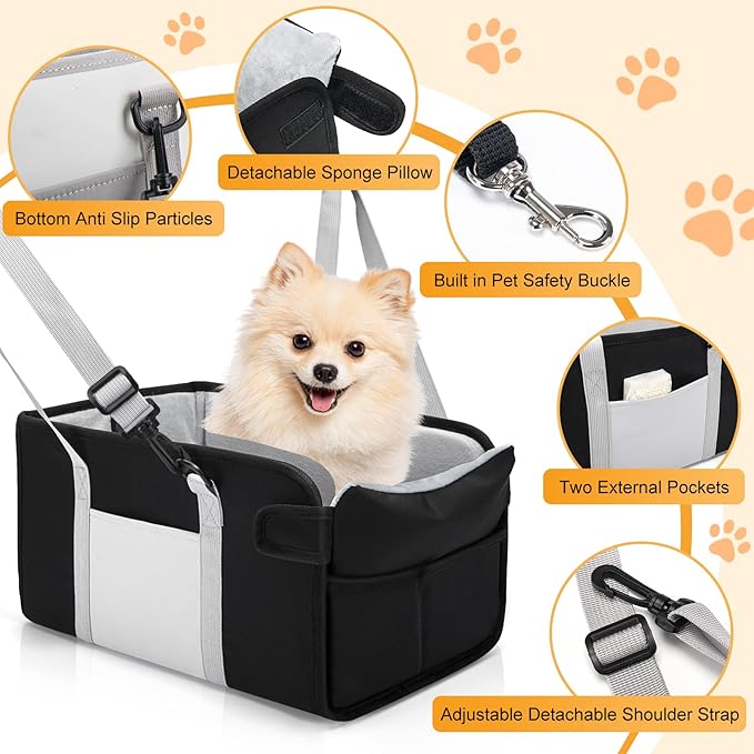 Portable Dog Car Seat for Small Dogs - Adjustable Safety Leash, Washable Cushion & Storage Pocket - Pet Booster Seat for Car Travel- Carbon Black
