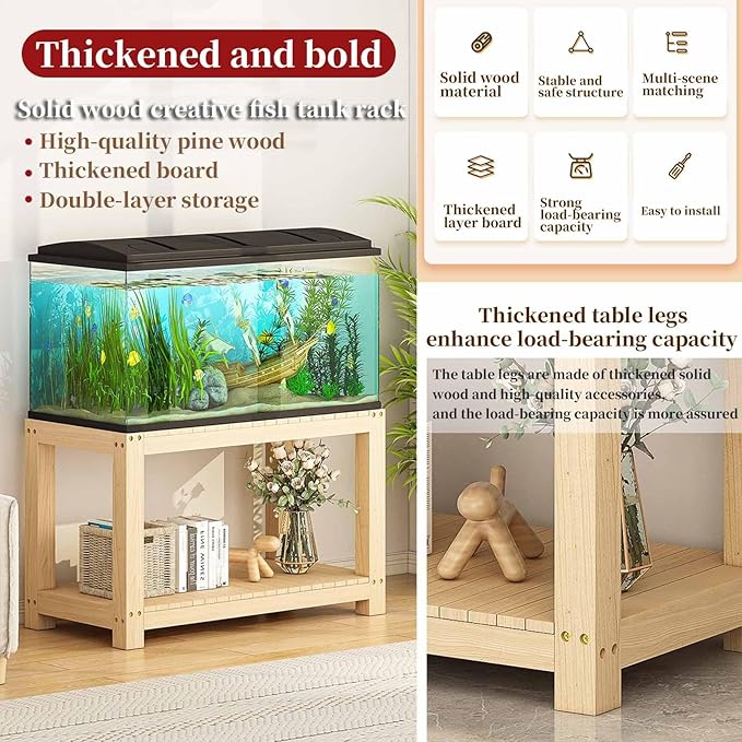 FORRTY Solid Wood Aquarium Stand – Heavy Duty Wooden Fish Tank Stand With 2-Tier Storage | Natural Pine Reptile Tank Table | Indoor Plant Rack | Printer Table | Multi-Purpose Shelf | 30–150cm Width(Wo