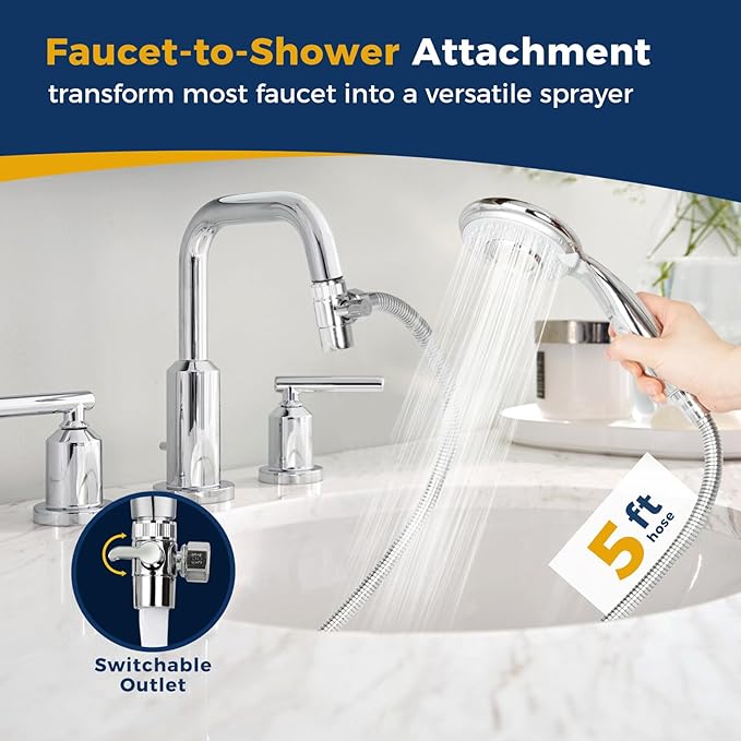 KLLEYNA Shower Head Sink-Faucet Bathtub-Bathroom-Garden - Hose Sprayer Attachment(5 Adapters) for Hair Washing & Pet Dog Rinse & Baby Bath, ON/OFF Extension for Moen, Kohler, Delta, American Standar