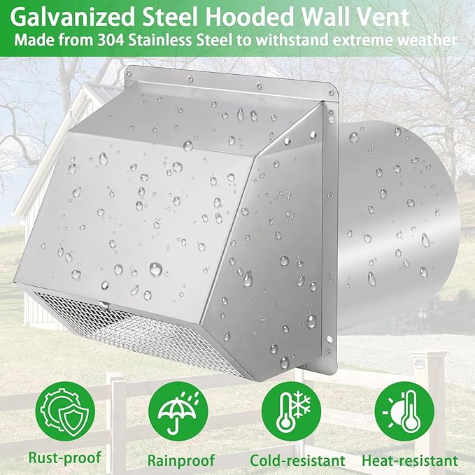 10 Inch Hooded Wall Vent with Screen and Damper, Exterior Wall Exhaust Vent Cover Cap for Kitchen Range Hood Dryer Ventilation and Outdoor Air Exhaust, Stainless Steel