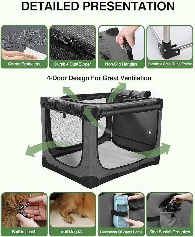 36 Inch Collapsible Travel Dog Crate for Medium Large Dogs, Portable Dog Crate 4-Door Foldable Soft Kennel with Durable Mesh Windows for Indoor & Outdoor Travel, with Storage Bag,Grey
