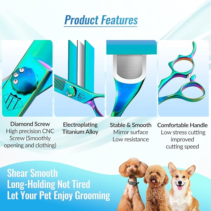 Dog Grooming Scissors: 7" Straight Pet Shears Skeletonized blade Made Of Japanese 440C for Trimming Dogs Cats and Other Pets Green (SET G, Set)