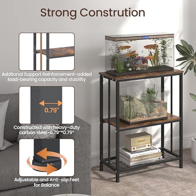 10-20 Gallon Fish Tank Stand, 3-Tier Metal 20 Gallon Aquarium Stand Heavy Duty 5-10 Gallon Reptile Stand with Adjustable Storage Shelf for Breeder/Turtle/Terrarium Tank-24.8" L*11.8" W*30.7" H