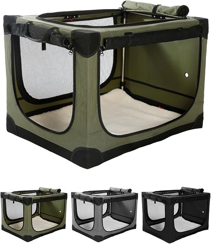 42 Inch Collapsible Travel Dog Crate for Medium Large Dogs, Portable Dog Crate 4-Door Foldable Soft Kennel with Durable Mesh Windows for Indoor & Outdoor Travel, with Storage Bag,Green