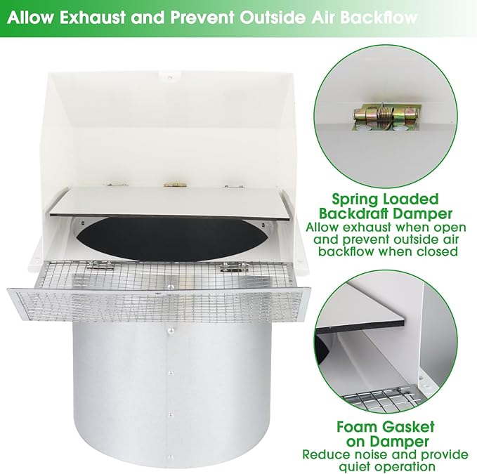 12 Inch Hooded Wall Vent with Screen and Damper, Outdoor Wall Exhaust Vent Cover Cap for Duct Dryer Range Hood Exterior Heating Cooling Ventilation and Outside Air Exhaust, Galvanized Steel, White