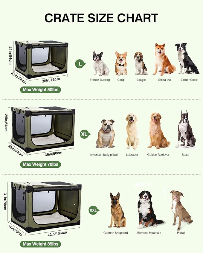 42 Inch Collapsible Travel Dog Crate for Medium Large Dogs, Portable Dog Crate 4-Door Foldable Soft Kennel with Durable Mesh Windows for Indoor & Outdoor Travel, with Storage Bag,Green