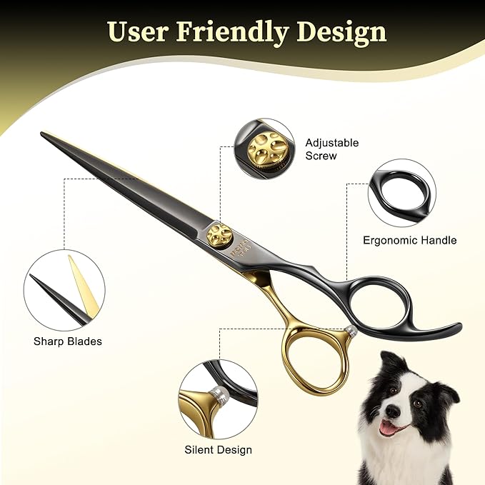 7.5'' Straight Dog Grooming Scissors CNC 440C Blades Sharp and Durable Dog Shears Black and Gold Pet Scissors Smooth Cutting Easy to Use for Professional Groomer