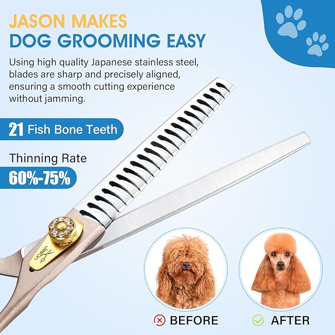 JASON Professional Dog Grooming Scissors - 7 Inch Chunker Shear Japanese 440C Stainless Steel Diamond Screw with 21 Fishbone Teeth Dog Thinning Scissors