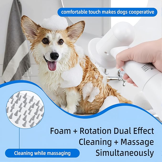 Electric Rotating Massage Dog Shampoo Spray Dispenser with Foam Brush [2025 Upgraded Version] Dual-core Electric pet Bath Brush | 2-Speed Variable Frequency SPA × Double Bubbles