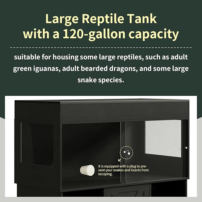 120 Gallon Reptile Tank with Stand, 4x2x2 Terrarium Enclosure for Bearded Dragons, Snakes, Lizards – Sliding Acrylic Doors, Mesh Top, Storage Cabinet, Built-in Power Outlet Black PX01RTB