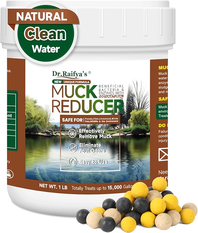 Dr. Raifya’s Muck Reducer–Natural Pond Sludge & Water Fountain Clarifier, Beneficial Bacteria Safe for Fish & Wildlife, Remove Muck in Koi Ponds, Bird Baths, Fountains & Turtle Ponds, Easy to Use–1 LB