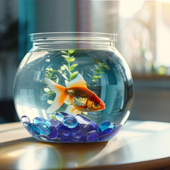 12 Pcs Mini Plastic Fish Bowl 27 oz with 900 Pcs Mixed Flat Glass Marbles Plastic Aquarium Starter Kits Fish Tank Decor for Home Tabletop Office Desk Pet Tanks Decoration